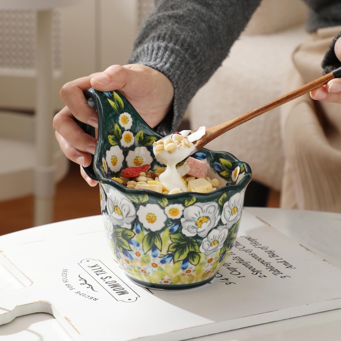 ALMA Handpainted Microwavable Soup Bowl with Loop Handle 18.6oz, Cereal Bowl With Handle Great for Berry, Fruits, Chili, Stew, Ice cream,Floral Soup Mug for Women