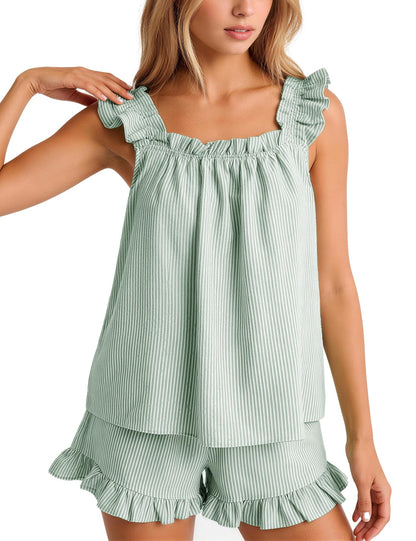 Flygo Striped Pajamas Set for Women Cotton 2 Piece Lounge Sets Ruffle Cami Top and Shorts Cute Summer Pj Sleepwear