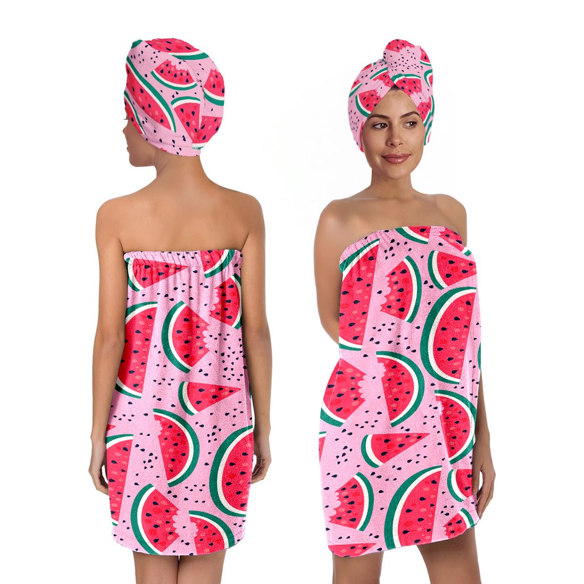 Strawberry Print Bath Wrap and Hair Drying Towel Set – Microfiber Quick Dry Shower Body Wrap for Women, Absorbent Spa Skirt with Elastic Band and Cute Bow Design (Strawberry 1)