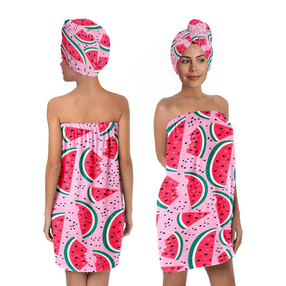 Strawberry Print Bath Wrap and Hair Drying Towel Set – Microfiber Quick Dry Shower Body Wrap for Women, Absorbent Spa Skirt with Elastic Band and Cute Bow Design (Strawberry 1)