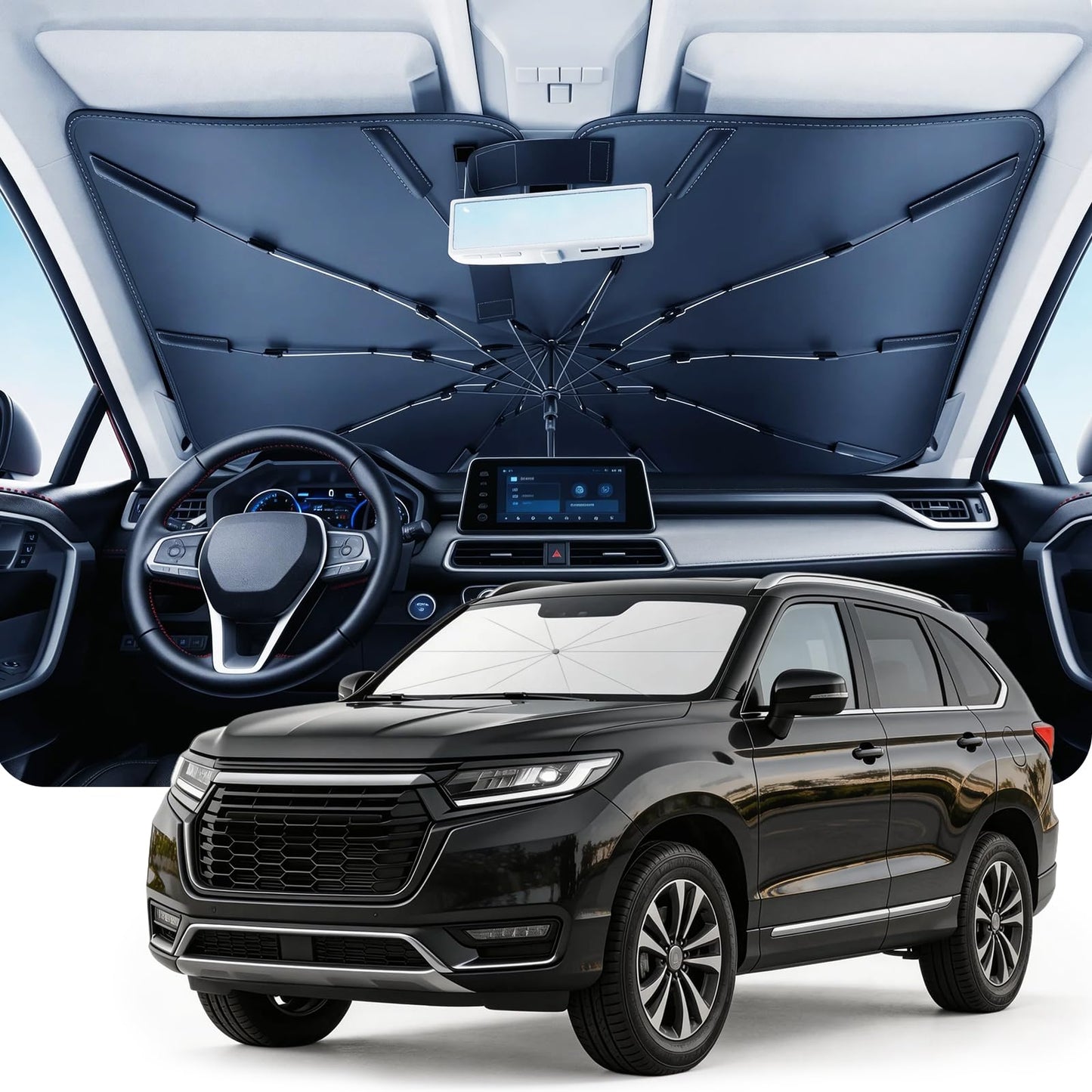 DMJN Umbrella Windshield Sun Shade - Medium, Car Sunshade for Front Windshield [Nano Ice-Crystal Coatings] UPF50+ Heat & UV Block, Protect Interior & Keep Cooler Universal for Car, SUV, Truck
