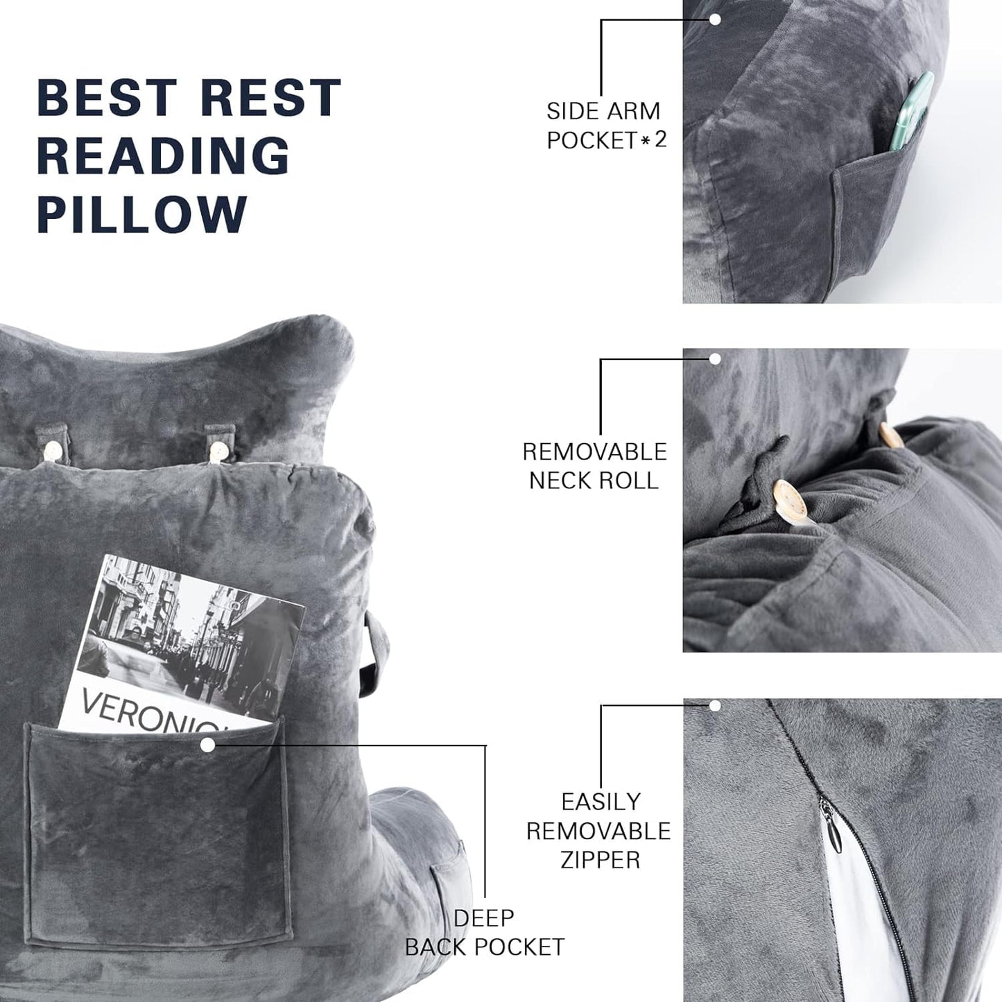 Reading Pillow-Extra Large 31" Bed Rest Pillow with Detachable Neck Roll & Arms for Sitting in Bed or Couch-Backrest Reading Pillow Adult Back Pillows for Reading,Watching TV,Gaming,Relaxing-Black