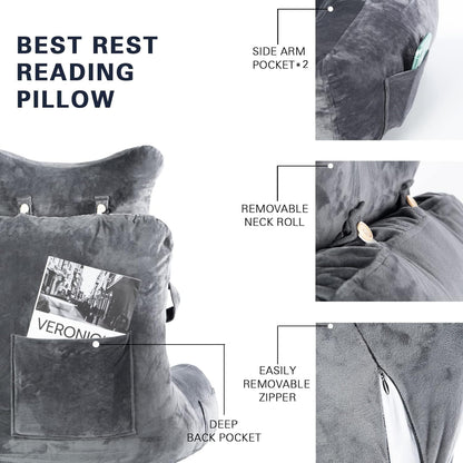 Reading Pillow-Extra Large 31" Bed Rest Pillow with Detachable Neck Roll & Arms for Sitting in Bed or Couch-Backrest Reading Pillow Adult Back Pillows for Reading,Watching TV,Gaming,Relaxing-Black