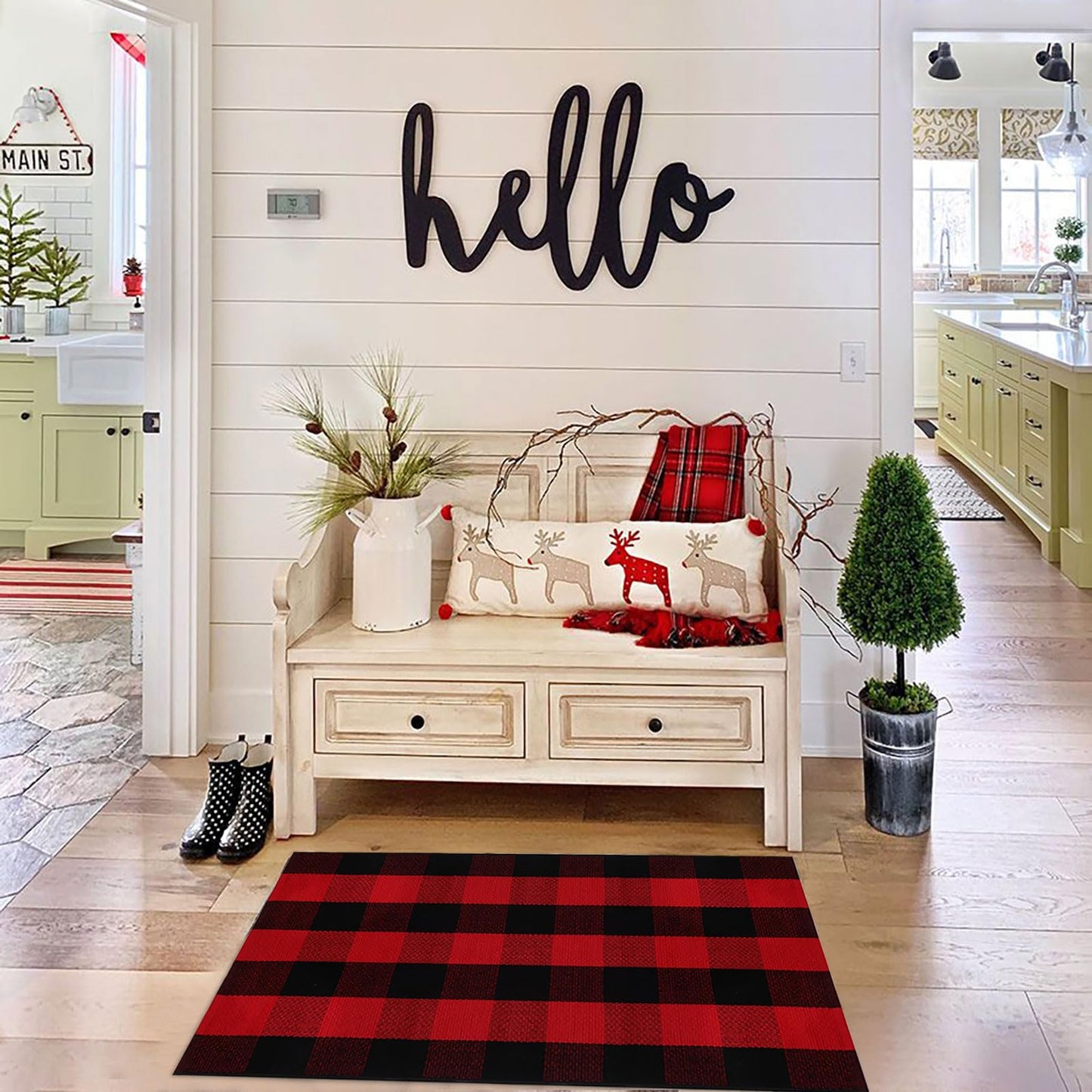 Christmas Door Mat Outdoor 35.4''x59'' Buffalo Plaid Christmas Decor Rug Cotton Hand-Woven Layered Door Mats Washable Carpet for Front Porch, Kitchen, Farmhouse, Entryway