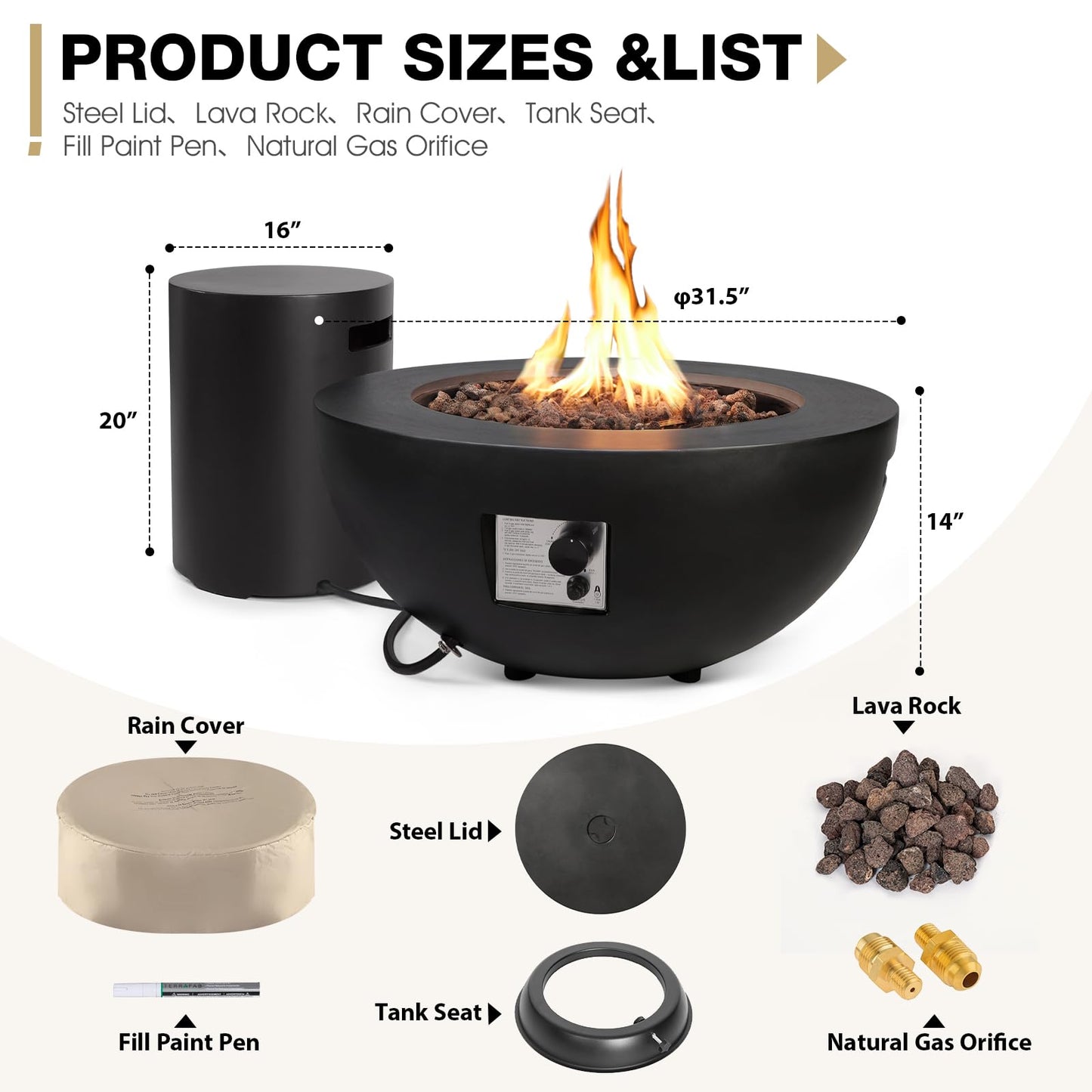 31.5 Inch Round Propane Fire Pit Table - Concrete Round Fire Bowl 50,000 BTU Natural Gas Firepit Burner with Steel Lid, Lava Rocks, Waterproof Cover for Outside Patio, Backyard, Party