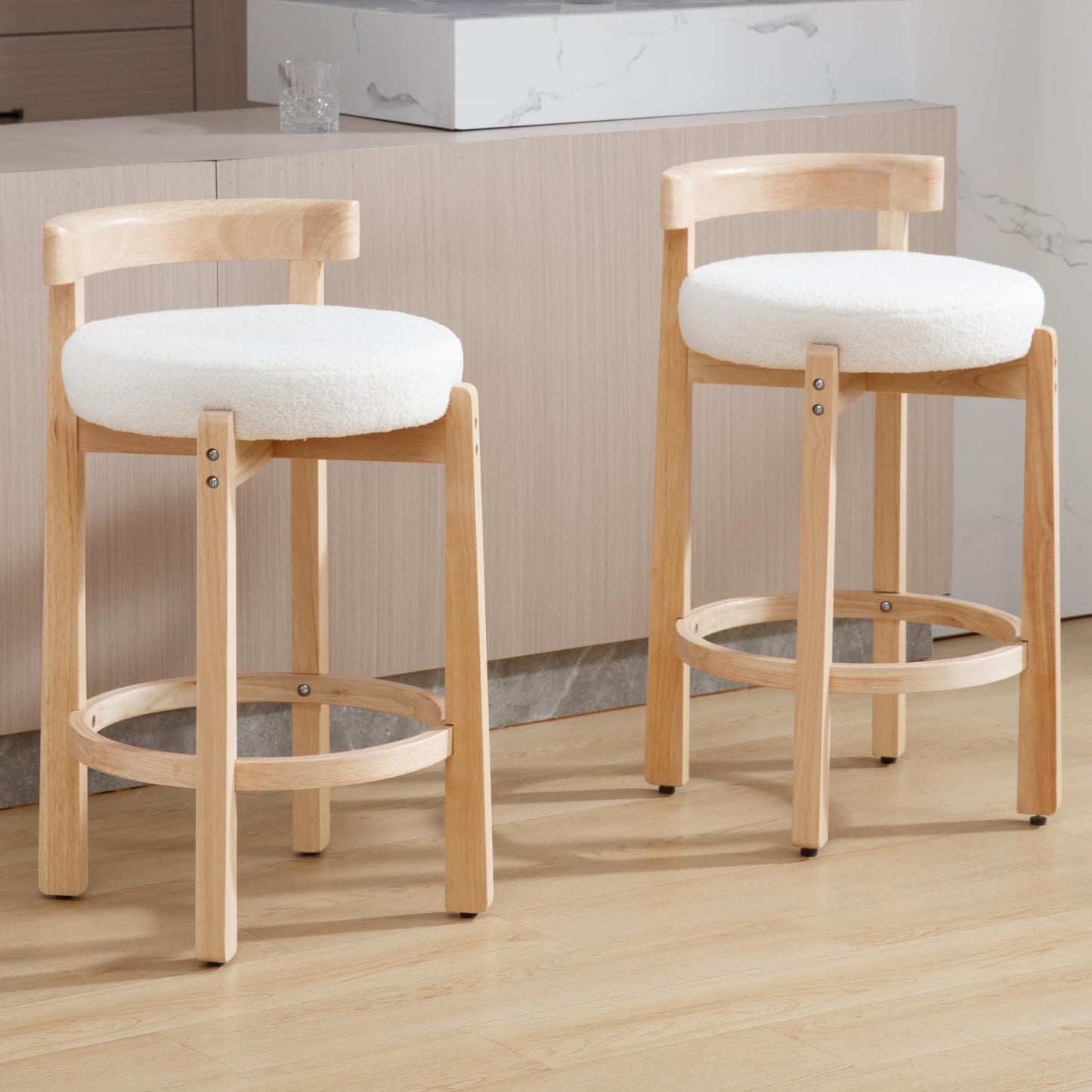 LukeAlon Mid Century Linen Counter Stools Set of 4, Upholstered 26.5” Seat Height Low Barstools with Natural Wood Legs Round Low Back Kitchen Stools with Footrest for Dining Room, Beige