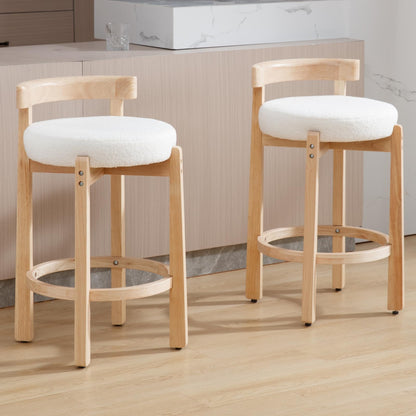 LukeAlon Mid Century Linen Counter Stools Set of 4, Upholstered 26.5” Seat Height Low Barstools with Natural Wood Legs Round Low Back Kitchen Stools with Footrest for Dining Room, Beige