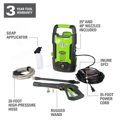 Greenworks 3000 PSI (2.0 GPM Max) Brushless Electric Pressure Washer (15°, 25°, 40°, Turbo and Soap Nozzle) for Use On Decks, Fences, Driveways, Sidewalks, Siding & More. Heavy-Duty