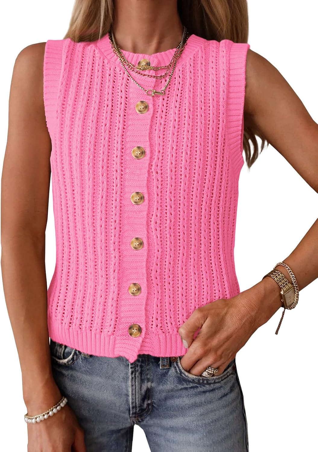 Saodimallsu Womens Sleeveless Sweater Vest Button Down Crochet Cardigan | Sweater Vest,Crochet,Summer Knit Tank Top,Sleeveless,Trendy Going Out Tops