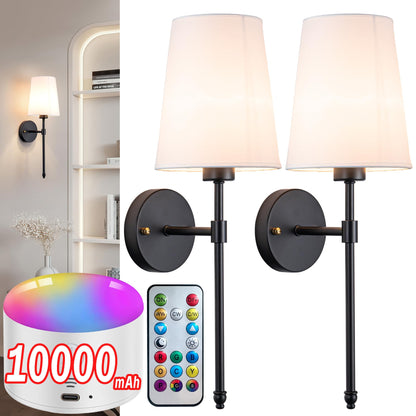 YHCDLAMP Battery Operated Wall Sconce Light with Remote Control, Dimmable Wall Sconce Set of 2 with White Fabric Shade, Wireless Battery Operated Wall Lamp for Bedroom Living Room, Bulb Included