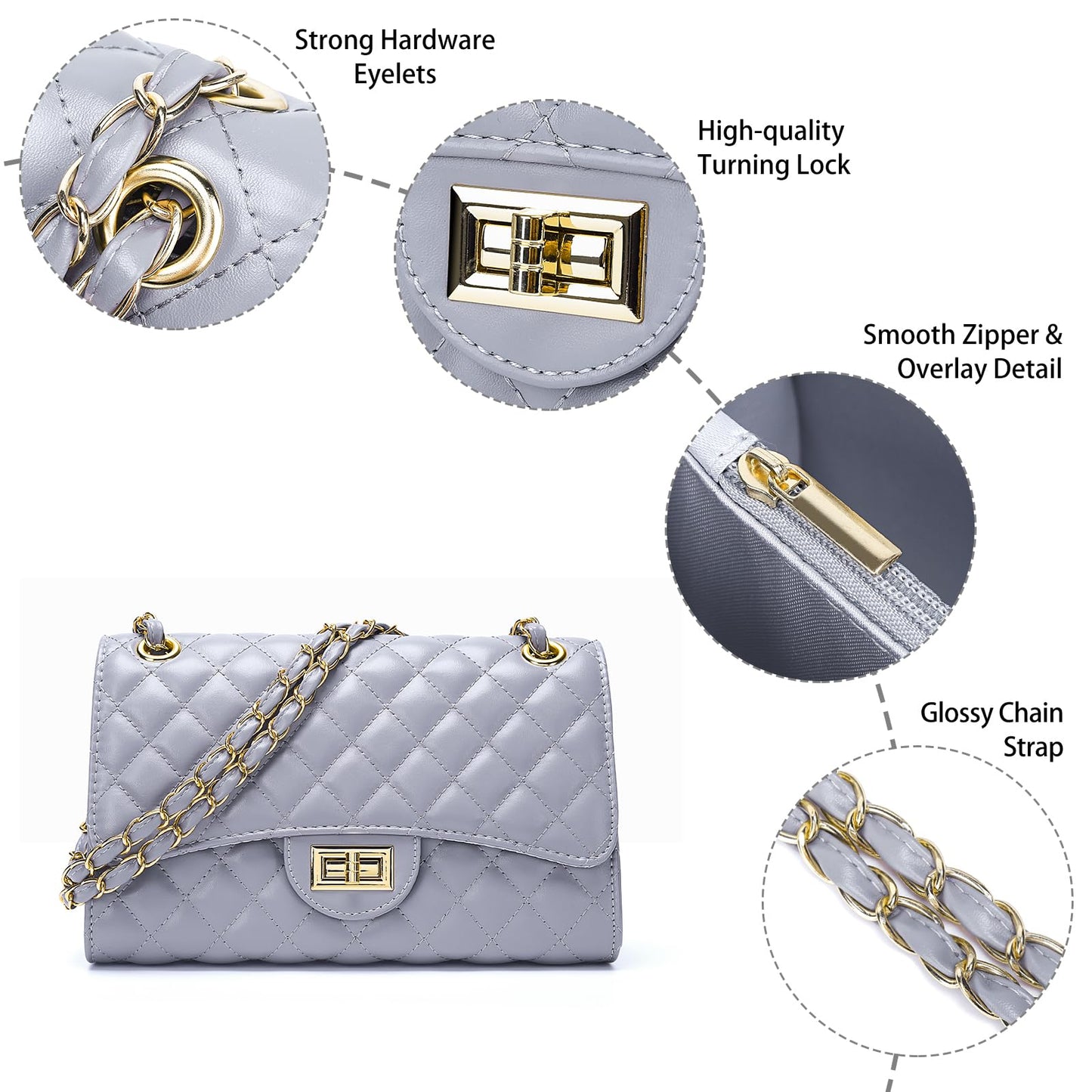 Quilted Leather Crossbody Bags for Women Trendy Ladies Shoulder Purse Satchel HandBag with Chain Strap