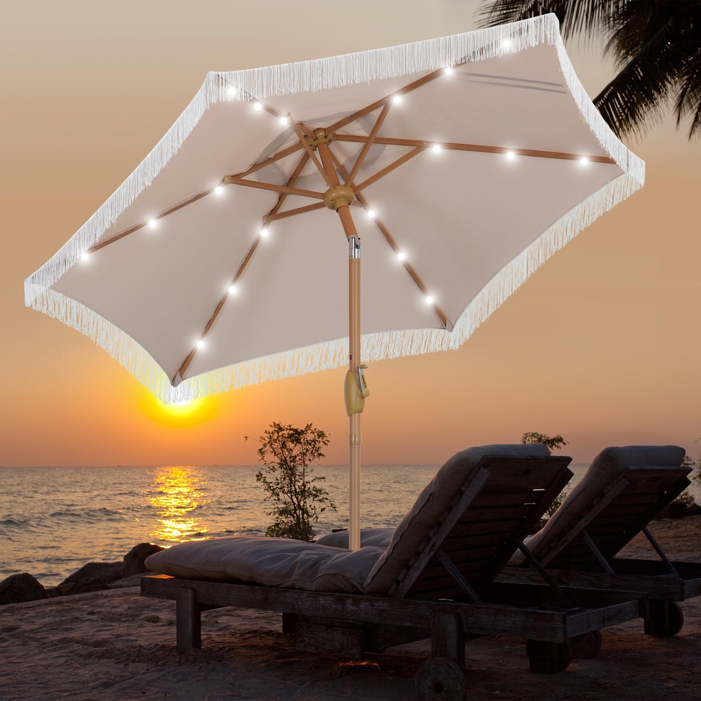 GDY 7.5ft Tassel Patio Umbrella and Matching Base, Outdoor Table Umbrella with 18 LED Lights,Market Umbrella with 6 Sturdy Ribs, with Push Button Tilt and Crank, Bright White