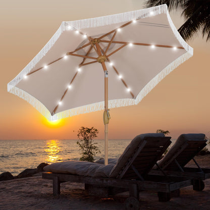 GDY 7.5ft Tassel Patio Umbrella and Matching Base, Outdoor Table Umbrella with 18 LED Lights,Market Umbrella with 6 Sturdy Ribs, with Push Button Tilt and Crank, Bright White