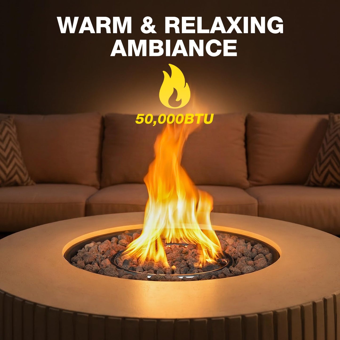 31.5 Inch Round Propane Fire Pit Table - Concrete Round Fire Bowl 50,000 BTU Natural Gas Firepit Burner with Steel Lid, Lava Rocks, Waterproof Cover for Outside Patio, Backyard, Party