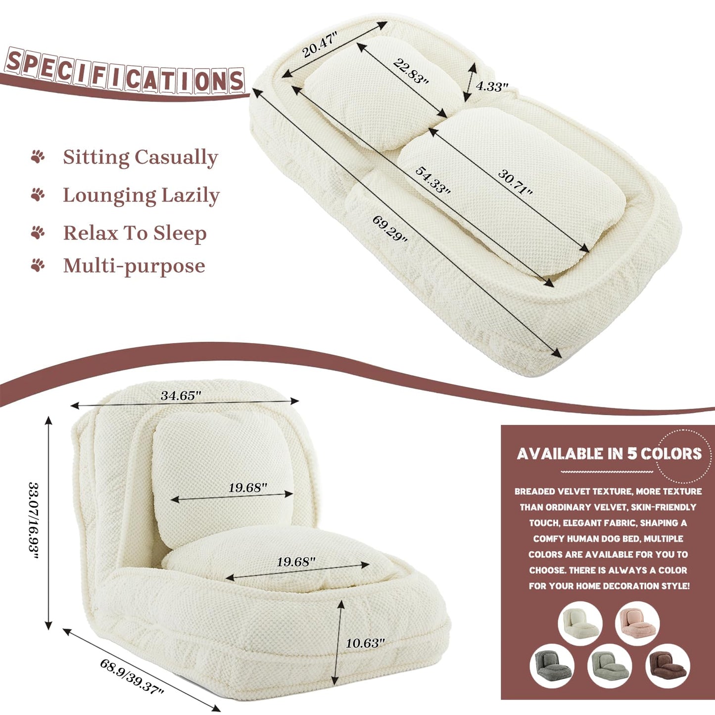 Upholstered Convertible Lounge Chair with 2 Soft Pillows