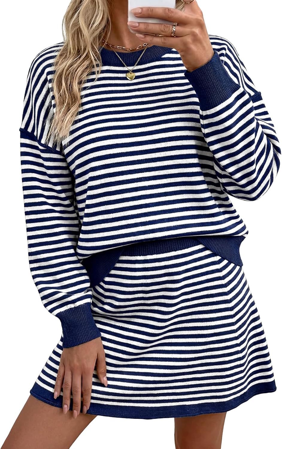 Tankaneo Women 2 Piece Striped Sweater Skirt Set