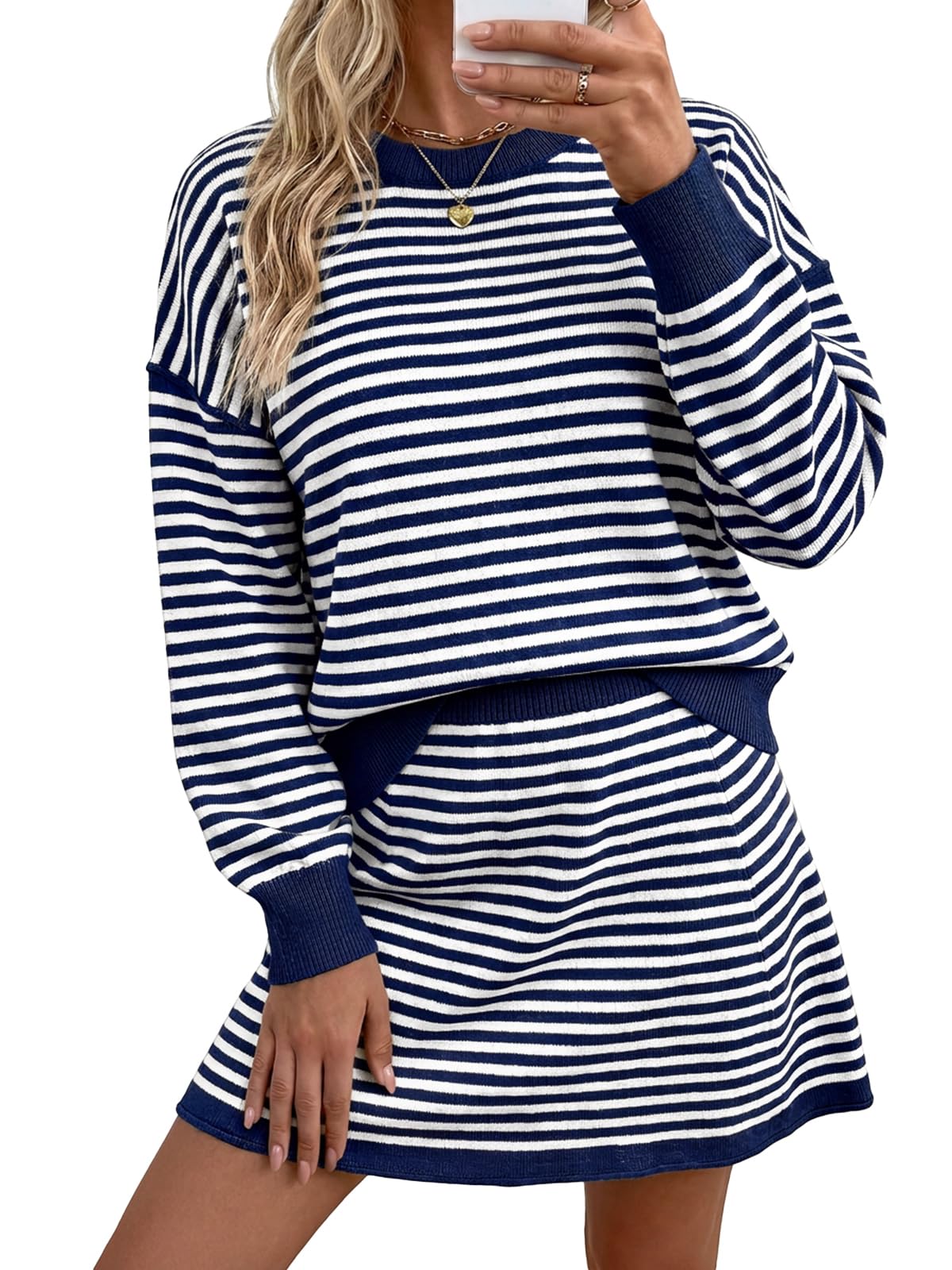Tankaneo Women 2 Piece Striped Sweater Skirt Set