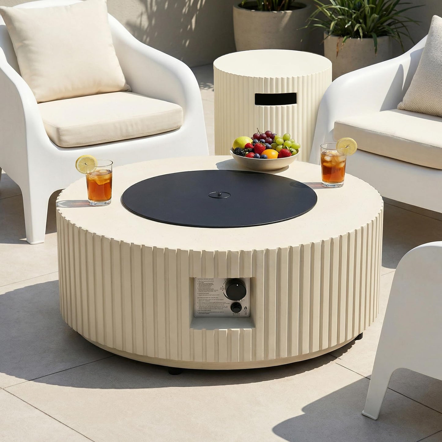 31.5 Inch Round Propane Fire Pit Table - Concrete Round Fire Bowl 50,000 BTU Natural Gas Firepit Burner with Steel Lid, Lava Rocks, Waterproof Cover for Outside Patio, Backyard, Party