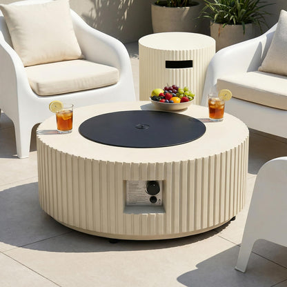 31.5 Inch Round Propane Fire Pit Table - Concrete Round Fire Bowl 50,000 BTU Natural Gas Firepit Burner with Steel Lid, Lava Rocks, Waterproof Cover for Outside Patio, Backyard, Party