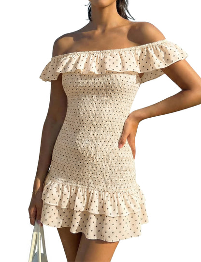 FOMELY Women's Polka Dot Off Shoulder Mini Dress Summer Ruffle Hem Smocked Bodycon Vacation Short Dresses 2026