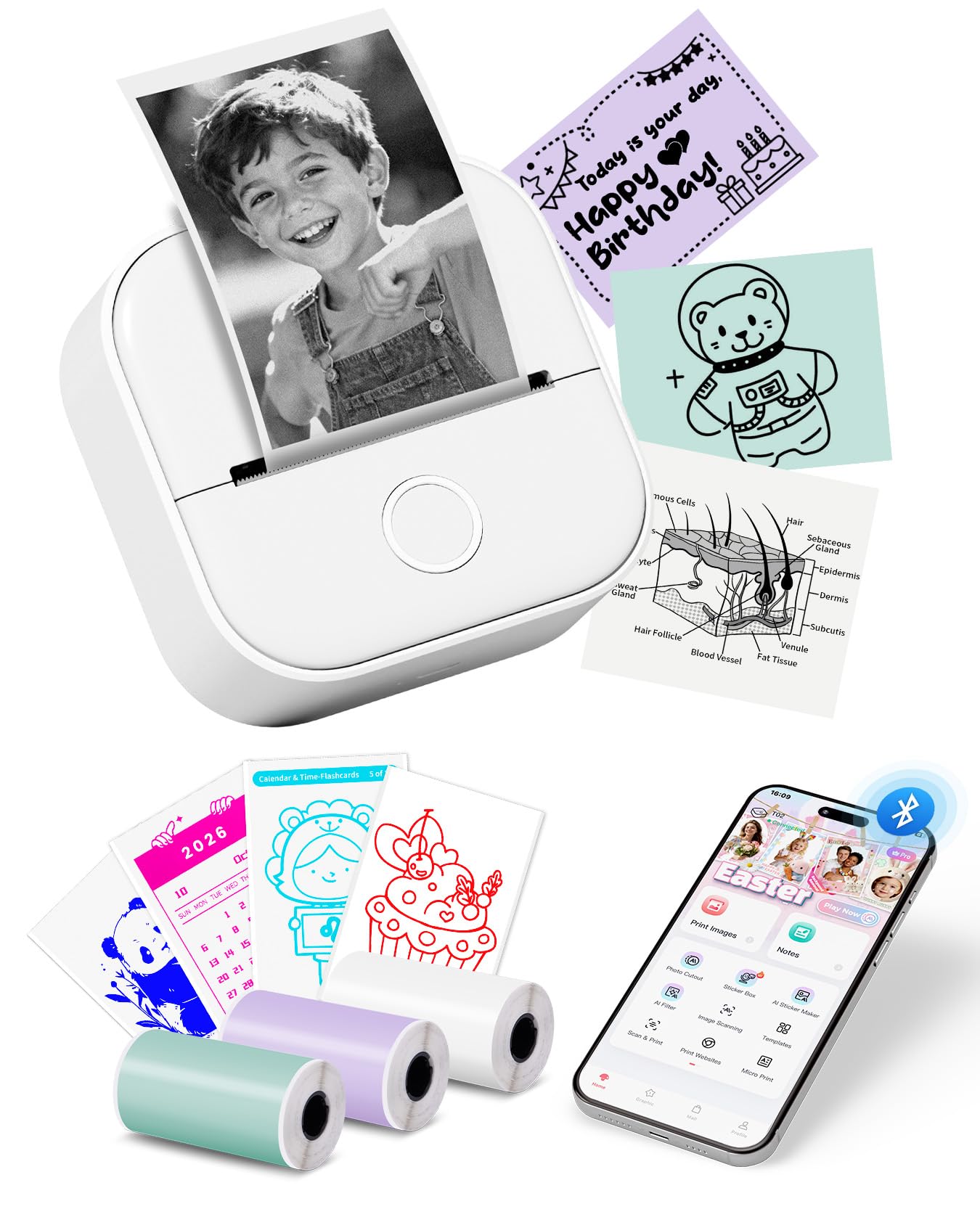 Memoking Mini Printer - Sticker Printer T02 Inkless Sticker Maker Machine