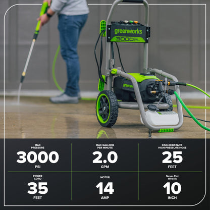 Greenworks 3000 PSI (2.0 GPM Max) Brushless Electric Pressure Washer (15°, 25°, 40°, Turbo and Soap Nozzle) for Use On Decks, Fences, Driveways, Sidewalks, Siding & More. Heavy-Duty