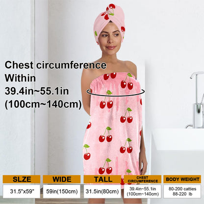 Strawberry Print Bath Wrap and Hair Drying Towel Set – Microfiber Quick Dry Shower Body Wrap for Women, Absorbent Spa Skirt with Elastic Band and Cute Bow Design (Strawberry 1)
