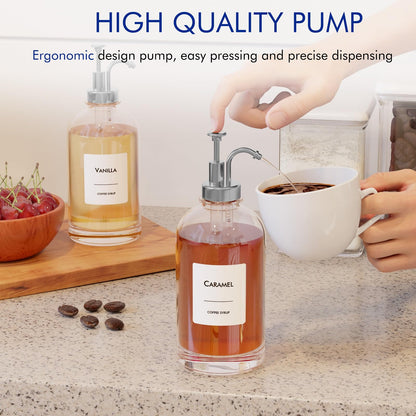 16.9 oz (500 ml) Coffee Syrup Dispenser Set- 4 Glass Bottles with Gold Pumper and Syrup Labels - Precise Dispensing and Stylish Addition to Coffee Shop, Cafe or Home Bar
