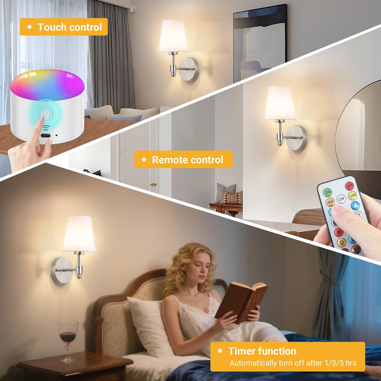 YHCDLAMP Battery Operated Wall Sconce Light with Remote Control, Dimmable Wall Sconce Set of 2 with White Fabric Shade, Wireless Battery Operated Wall Lamp for Bedroom Living Room, Bulb Included