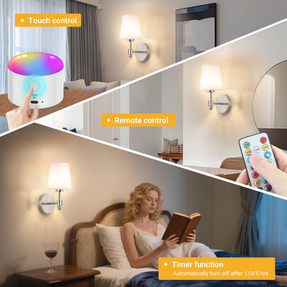 YHCDLAMP Battery Operated Wall Sconce Light with Remote Control, Dimmable Wall Sconce Set of 2 with White Fabric Shade, Wireless Battery Operated Wall Lamp for Bedroom Living Room, Bulb Included