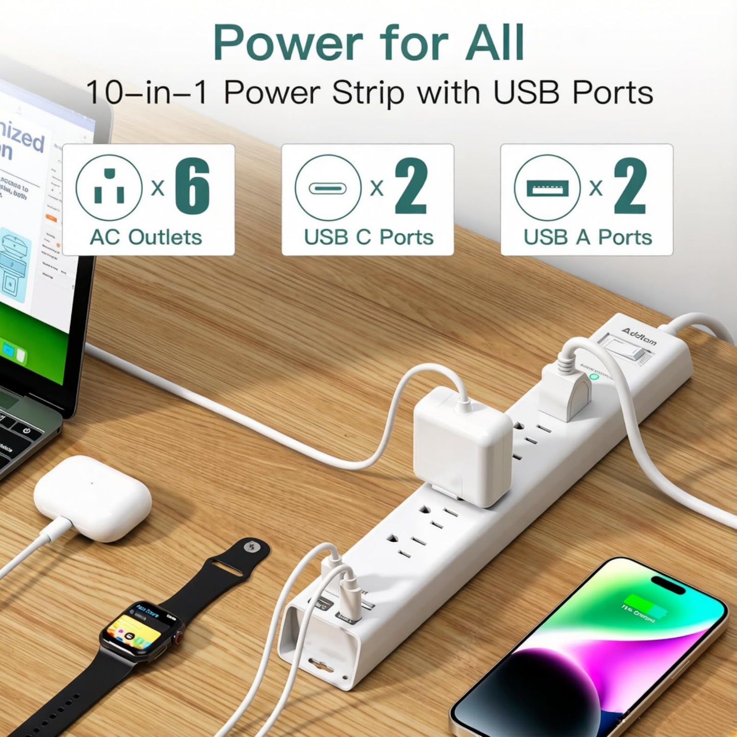 Addtam Power Strip Surge Protector - 15ft Long Extension Cord