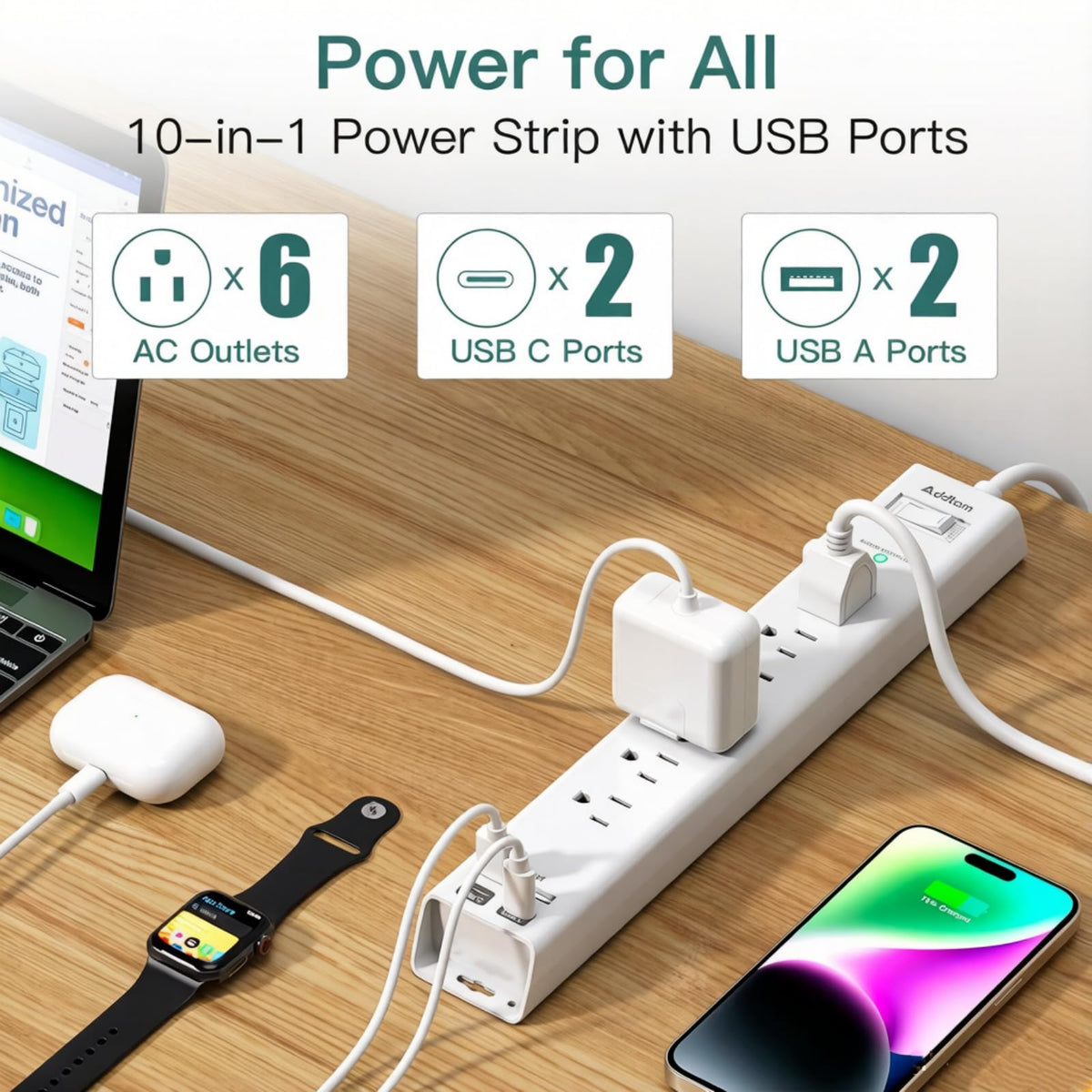 Addtam Power Strip Surge Protector - 15ft Long Extension Cord