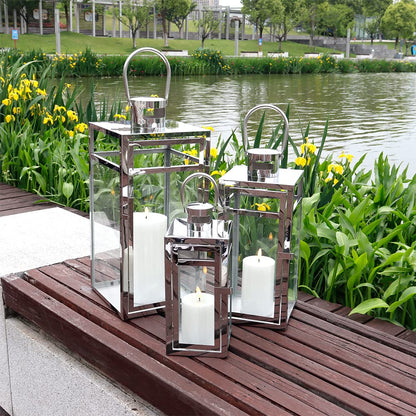 TRIROCKS Set of 3 Stainless Steel Candle Lantern 19/15/12'' High Metal Candle Holder with Tempered Glass Panels Perfect for Home Decor Living Room Parties Events Tabletop Indoors Outdoors (Rose Gold)