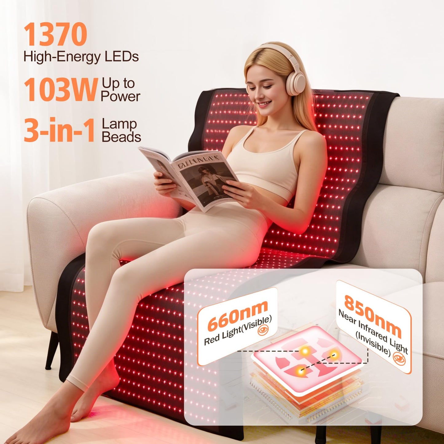 Red Light Therapy Mat for Full Body, 76.8'' X 33.4'' Red Light Therapy Blanket, 1370 (660nm & 850nm) LEDs for Home Use, 3 Modes & Adjustable Timer, Premium Leather