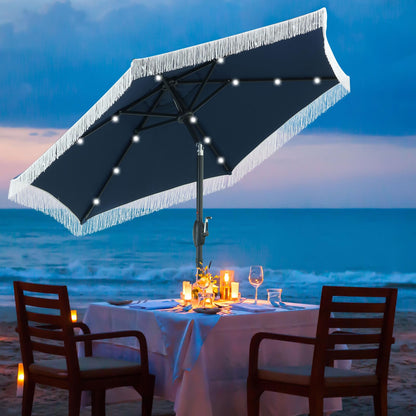 GDY 7.5ft Tassel Patio Umbrella and Matching Base, Outdoor Table Umbrella with 18 LED Lights,Market Umbrella with 6 Sturdy Ribs, with Push Button Tilt and Crank, Bright White