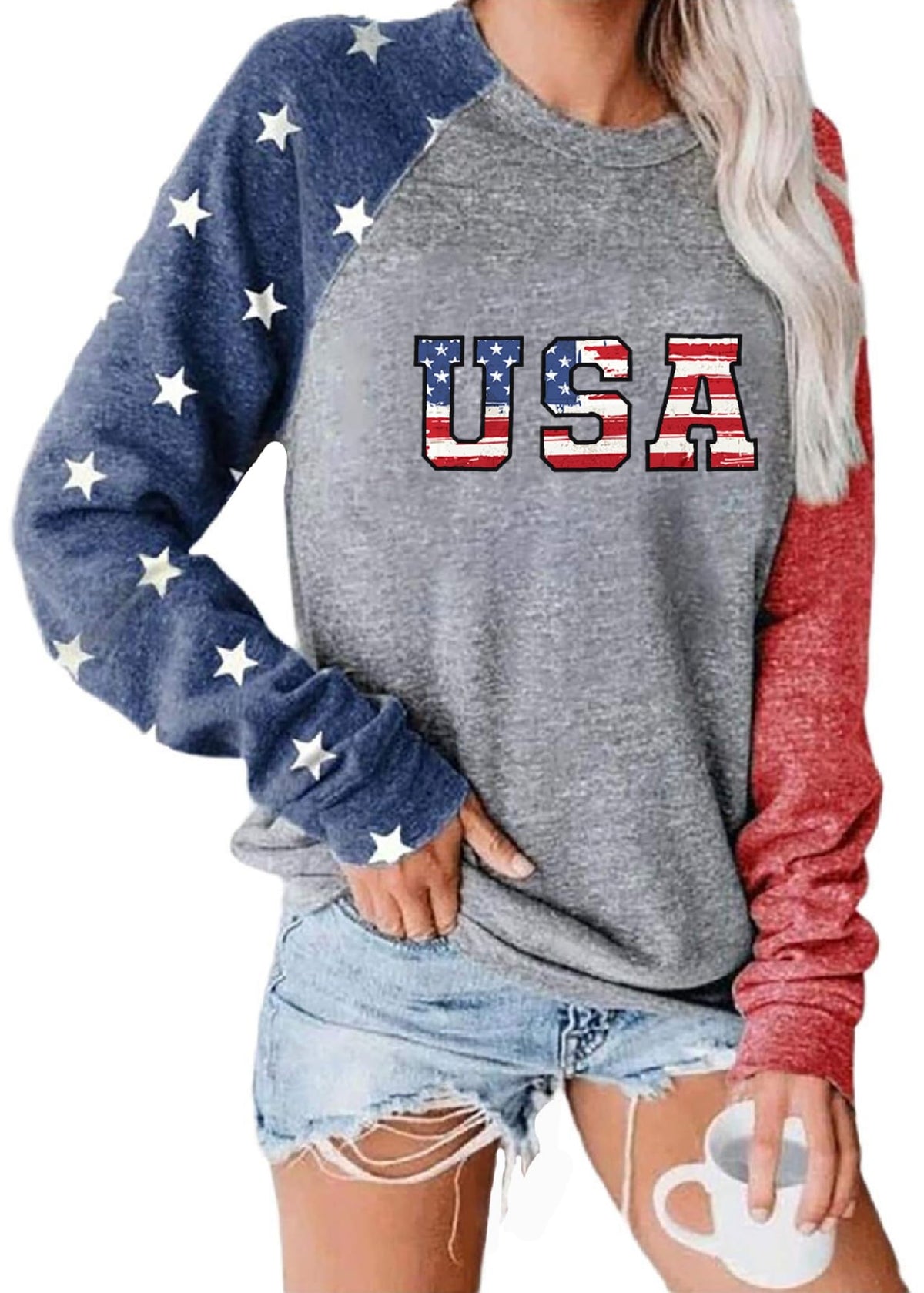 Womens Long Sleeve Baseball Mom American Flag Star Sweatshirt