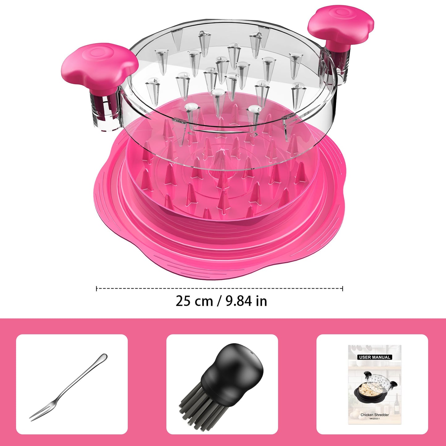 SURETIVIAN Chicken Shredder Tool Twist Large Chicken Breast Shredder with Brush&Fork, Visible Meat Shredder Machine, Anti-Slip Strip, Ergonomic Handle, BPA Free, Pork Beef Chicken(Hot Pink)
