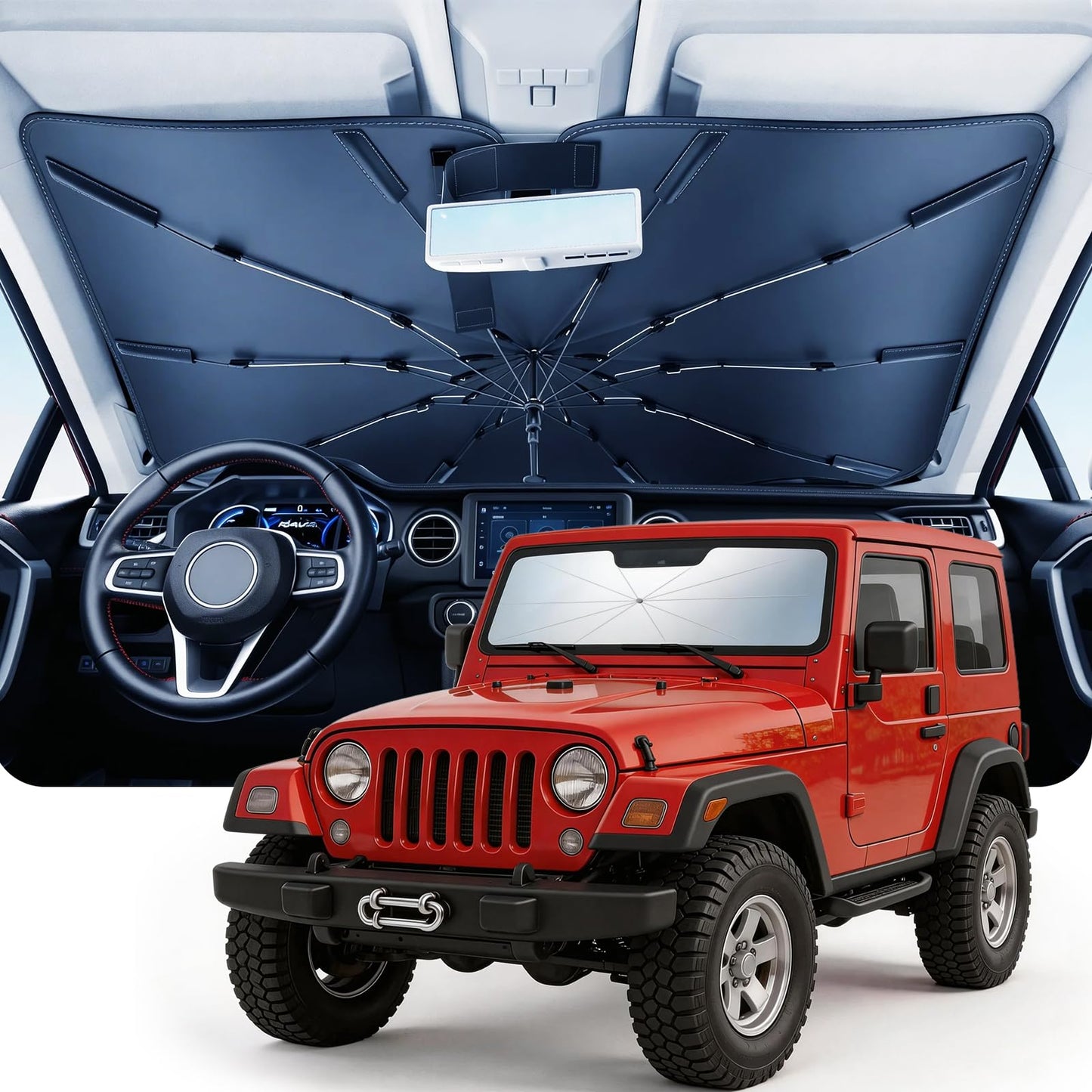 DMJN Umbrella Windshield Sun Shade - Medium, Car Sunshade for Front Windshield [Nano Ice-Crystal Coatings] UPF50+ Heat & UV Block, Protect Interior & Keep Cooler Universal for Car, SUV, Truck