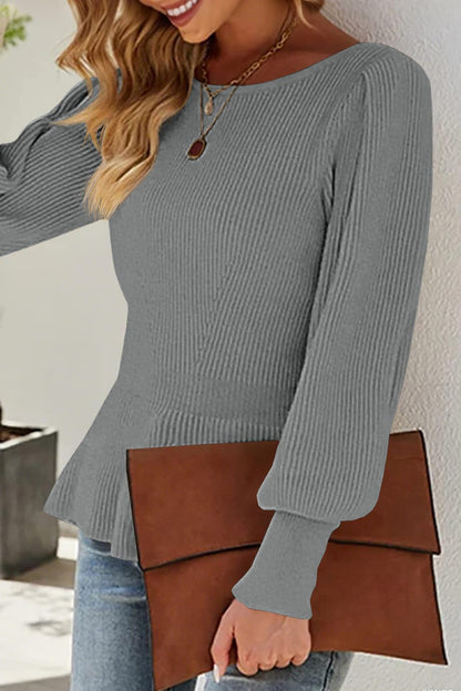 Womens Fall Puff Sleeve Peplum Casual Slim Fit Knit Pullover Sweater