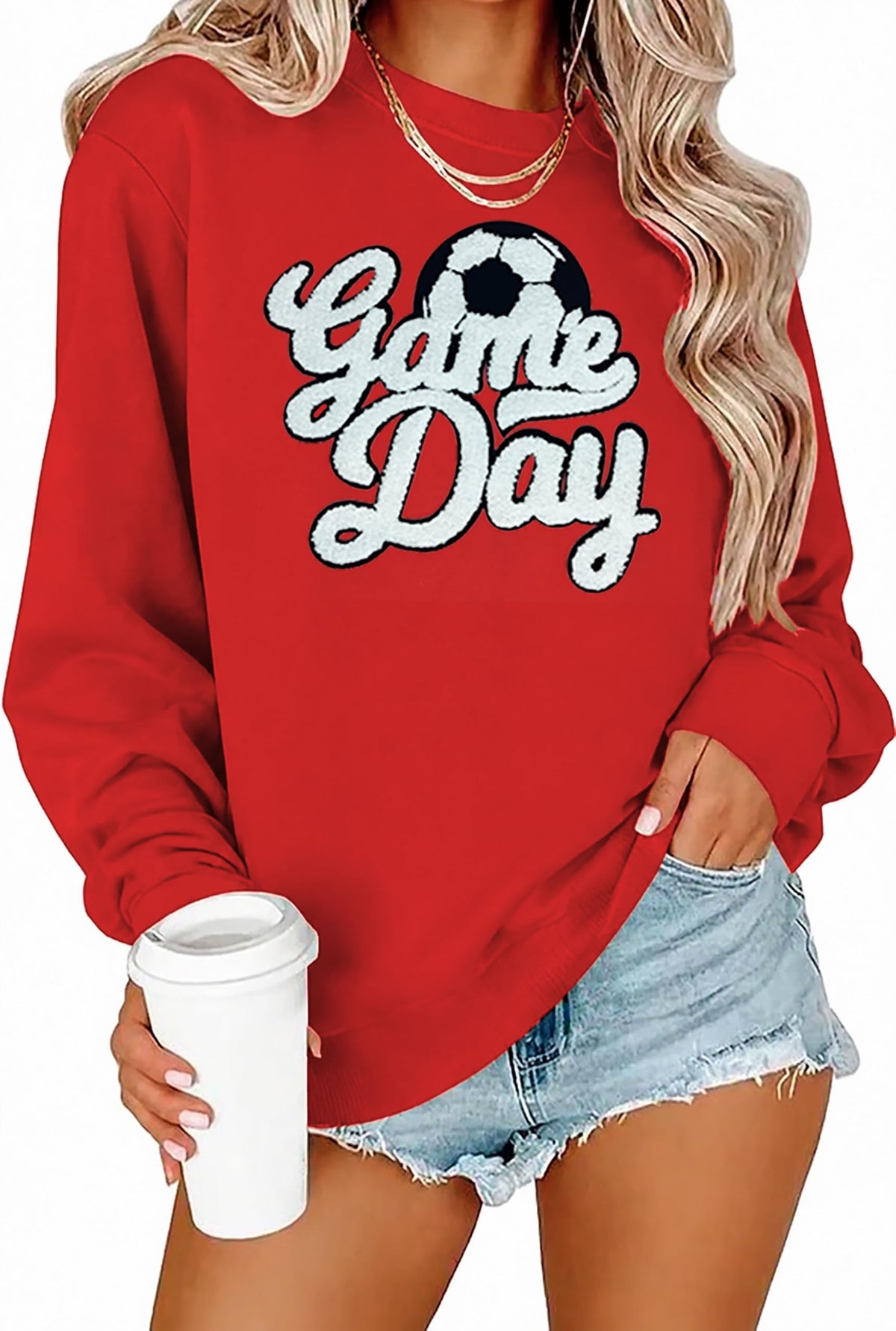 Game Day Soccer Sweatshirt Women Soccer Season Chenille Patch Pullover Top Causal Long Sleeve Football Top