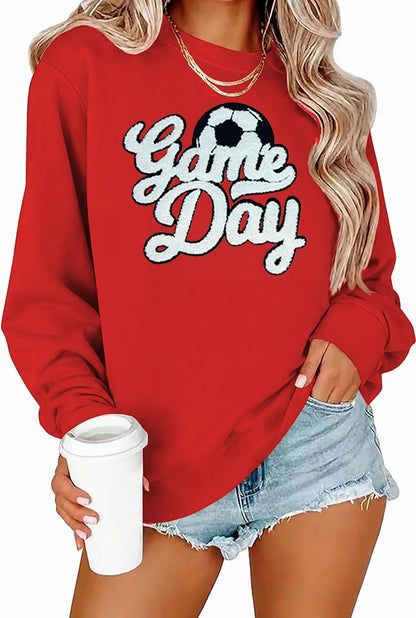 Game Day Soccer Sweatshirt Women Soccer Season Chenille Patch Pullover Top Causal Long Sleeve Football Top