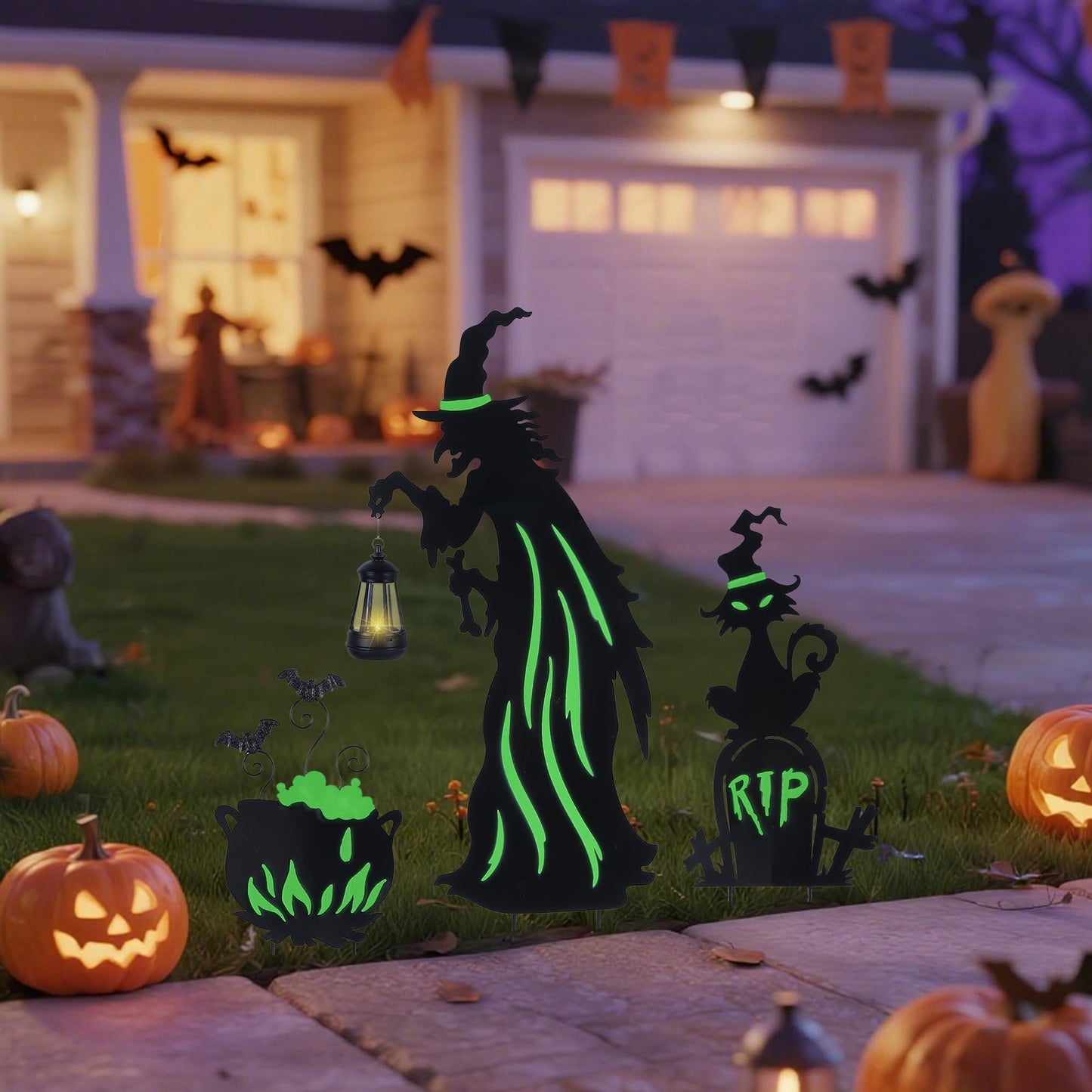 Prsildan 3 Pack Halloween Decorations Outdoor Solar Lighted Boo Yard Sign | Waterproof Metal Lawn Stakes, Solar-Powered, Bats, Cat & Ghost, For Front Yard, Porch, Garden, Spooky Halloween Party Decor