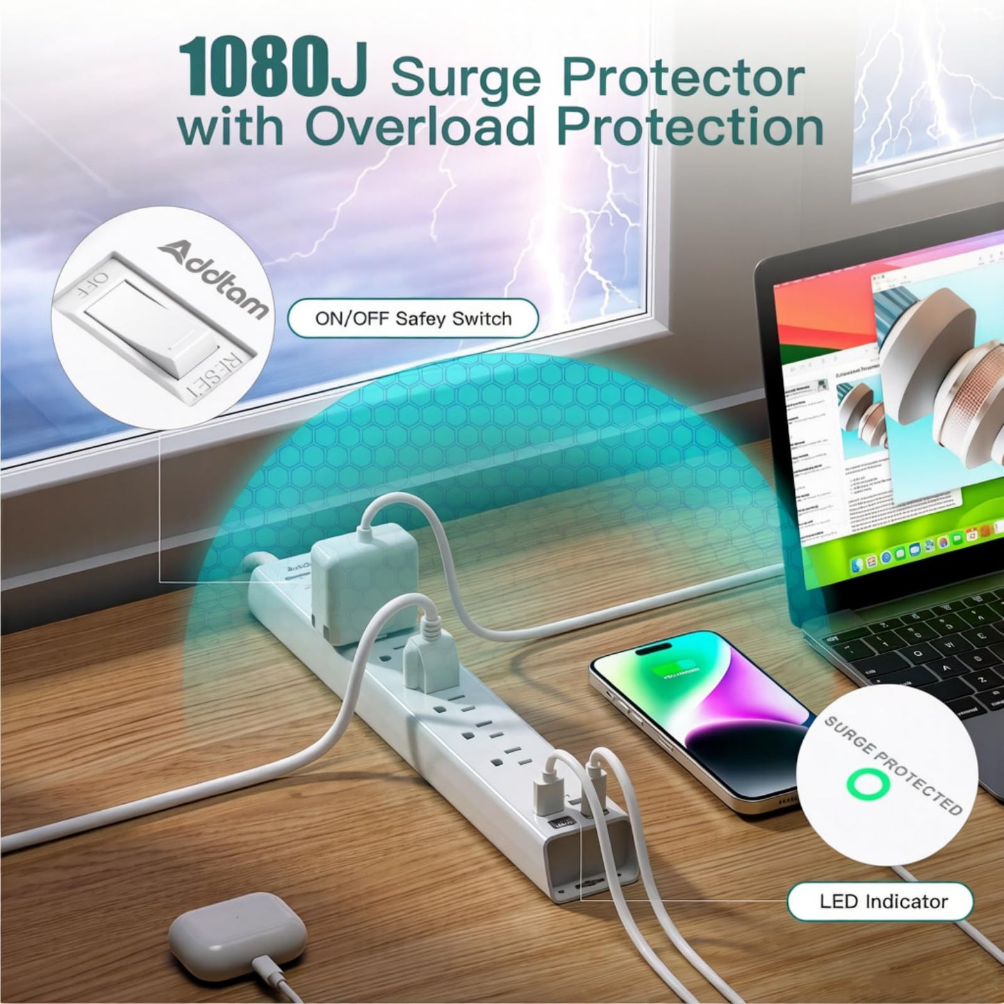 Addtam Power Strip Surge Protector - 15ft Long Extension Cord