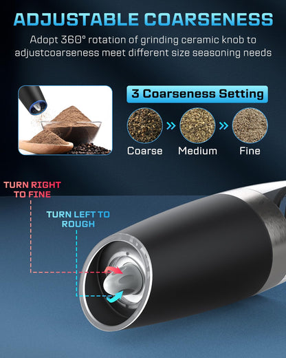 XinXu Gravity Electric Pepper and Salt Grinder Set, Adjustable Coarseness, Battery Powered with LED Light, One Hand Automatic Operation