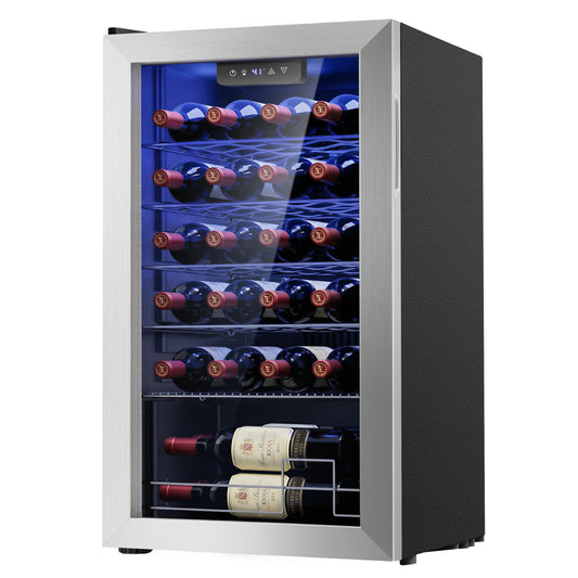 Icyglee 25 Bottle Compressor Wine Cooler Refrigerator, Freestanding Wine Cellar with 41-64°F Adjust Temp & Double-layer Glass Door for Red and White, Wine Cooler for Home Bar, Black