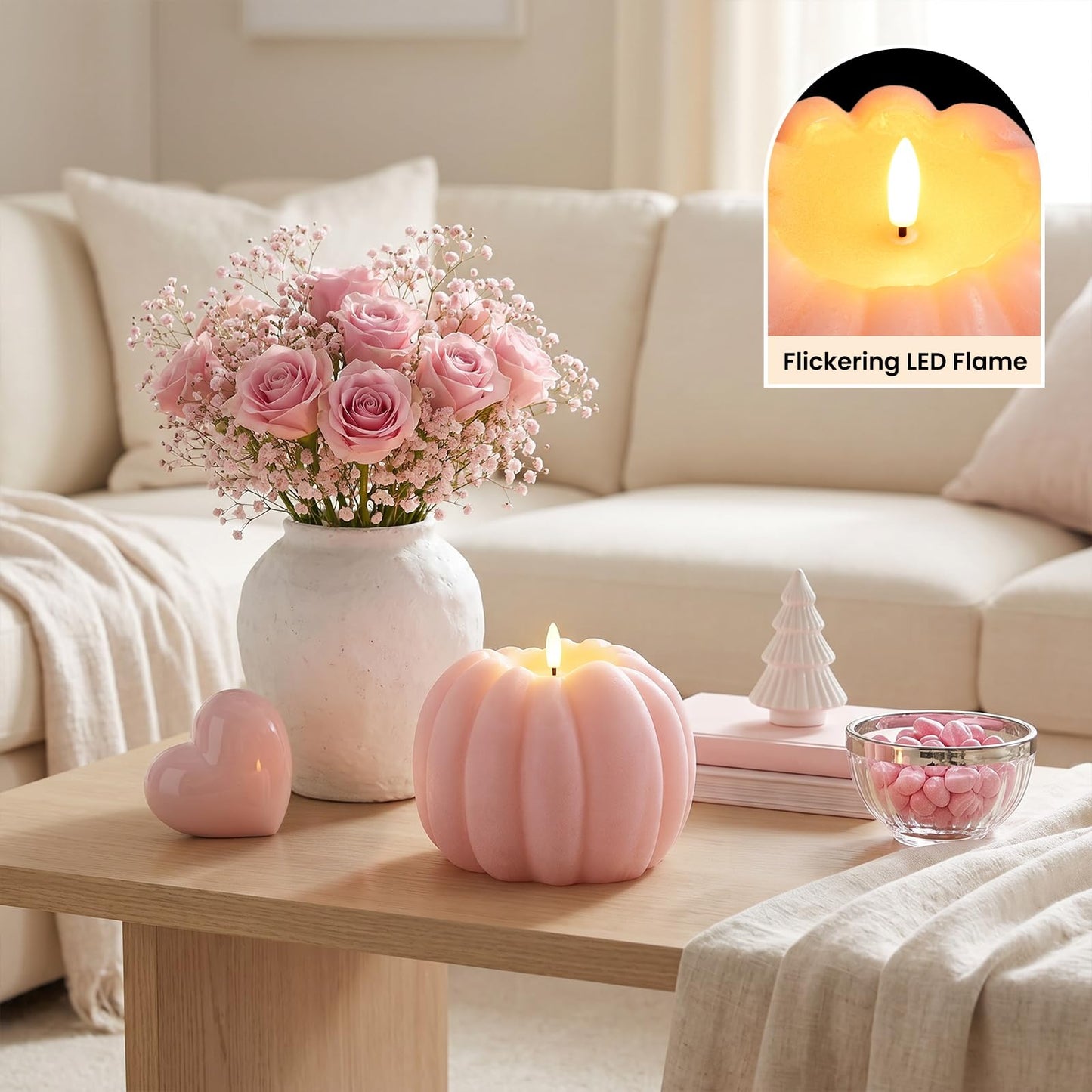 Fall Decor, Fall Decorations for Home - Flameless Pumpkin Candle with Timer Remote - Room Bedroom Table Farmhouse Decor for Halloween, Thanksgiving, Orange+White