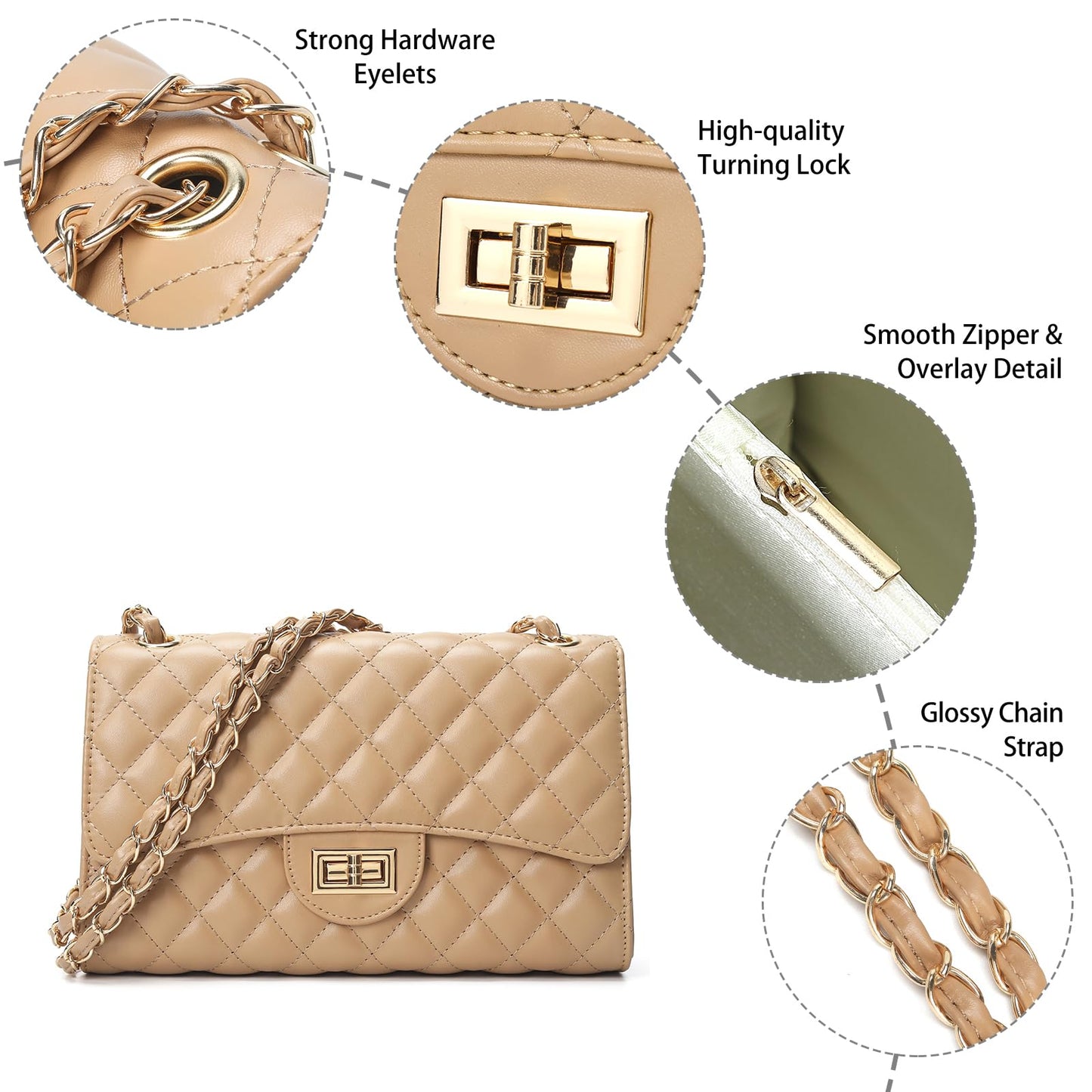 Quilted Leather Crossbody Bags for Women Trendy Ladies Shoulder Purse Satchel HandBag with Chain Strap