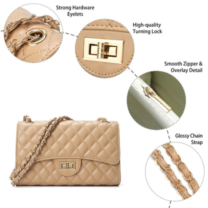 Quilted Leather Crossbody Bags for Women Trendy Ladies Shoulder Purse Satchel HandBag with Chain Strap