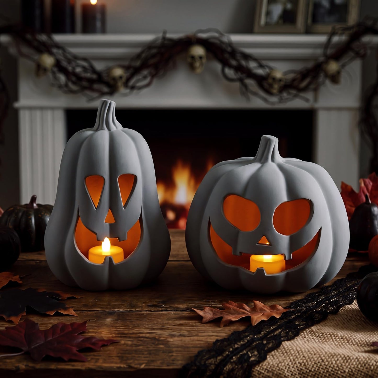 Tioncy 2 Pack Fall Decor Halloween Decorations Terracotta Pumpkin Decoration Handmade Clay Pumpkin Jack-o-Lantern Halloween Tealight Holder Rustic Farmhouse Fall Home Decor for Table(Orange)