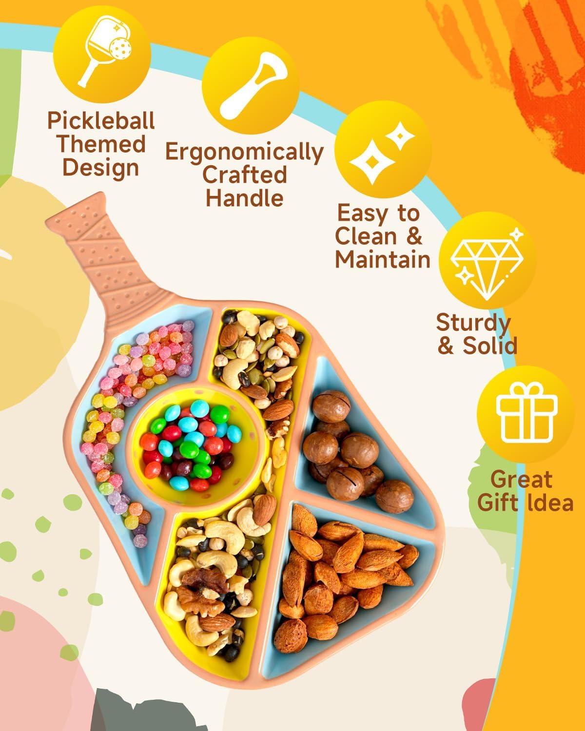 Pickleball Snack Serving Tray - Ceramic Bat Shaped Snack Platter with 5 Compartments & Dip Bowl